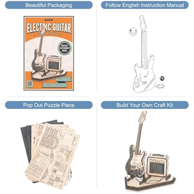 3D PUZZLES FOR ADULTS WOODEN CRAFT KITS MUSICAL INSTRUMENT MODEL KIT COLLECTIBLES HOME DESK ROOM DECOR (ELECTRIC GUITAR) - Image 4